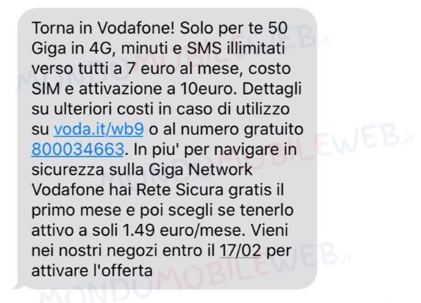 sms winback Torna in Vodafone Numero Verde