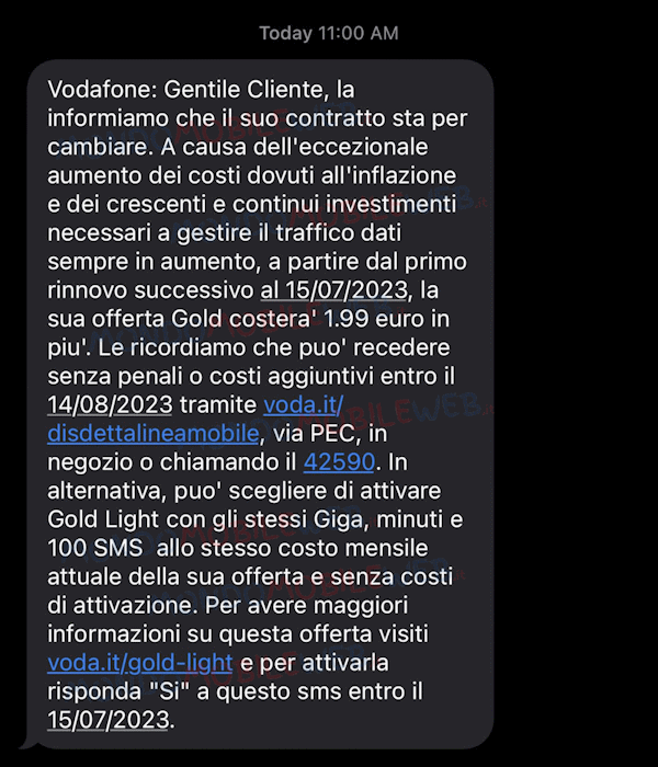 Vodafone rimodulazione SMS
